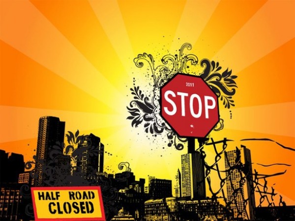 Urban Cityscape Signs Vector Background web vector urban unique ui elements sun stylish stop sign skyline silhouette signs road sign rays quality original new interface illustrator high quality hi-res HD grunge graphic fresh free download free fence elements download detailed design creative cityscape city background ai   