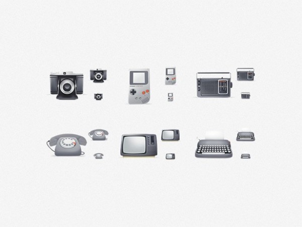 6 Old School Retro Icons Set PNG web vintage unique ui elements ui typewriter tv stylish simple retro radio quality phone original old school old fashioned new modern interface icons icon hi-res HD grey game fresh free download free elements download detailed design creative clean camera   
