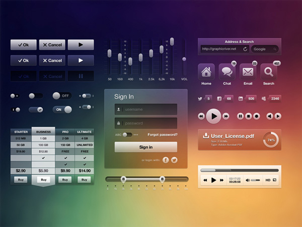 Thallium Web UI Elements Kit ui set ui kit ui elements set ui elements sliders search pricing table player buttons music player login form free download free equalizer download button download buttons audio player advanced search field   