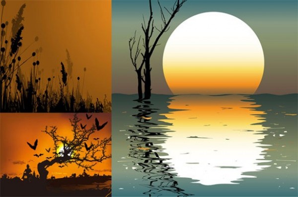 3 Glowing Sunset Silhouette Vector Backgrounds water vector unique tree sunset stylish silhouette scenery reflection quality original landscape illustrator high quality graphic free download free download creative background   