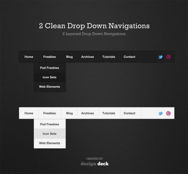 2 Clean Dropdown Navigation Menus Set PSD web unique ui elements ui stylish simple set quality psd original new navigation modern menu light interface hi-res HD fresh free download free elements dropdown download detailed design dark creative clean bar   