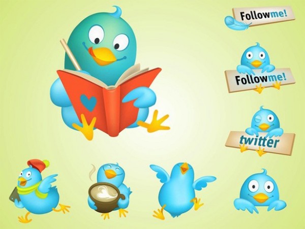 8 Cute Cartoon Vector Twitter Birds Set work web vector unique ui elements twitter button twitter bird stylish singing set school quality original new interface illustrator high quality hi-res HD happy graphic fresh free download free elements download detailed design dancing creative coffee cartoon twitter bird cartoon buttons book ai   