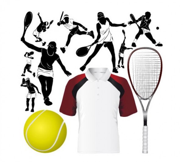 Tennis Action Silhouettes & Equipment Vector Set web vector unique ui elements tennis ball tennis tee shirt t-shirt stylish silhouette racket quality original new interface illustrator icon high quality hi-res HD graphic fresh free download free eps elements download detailed design creative ball action   