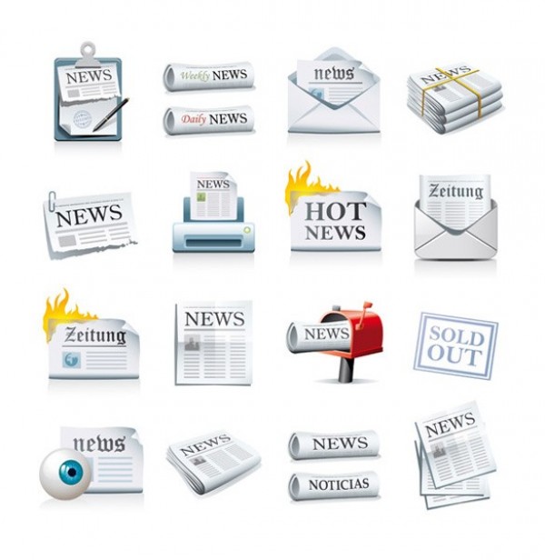 16 Newspaper Theme Vector Icons Set web vector unique ui elements stylish quality original newspaper news new mailbox interface illustrator icon hot off the press hot high quality hi-res HD graphic fresh free download free fire eye on the news elements download detailed design creative   