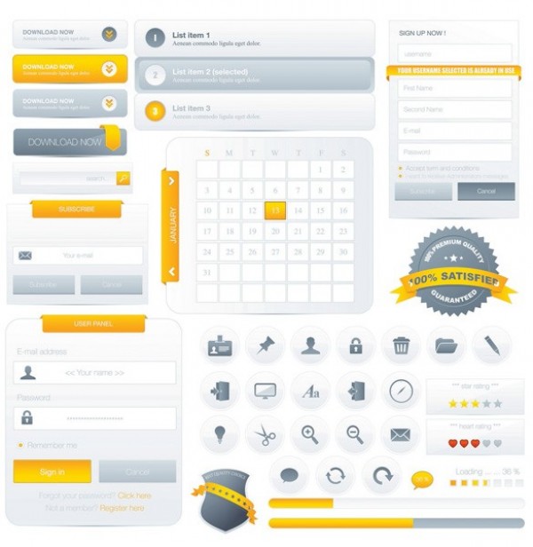 Yellow/Grey Web Design UI Vector Kit yellow web vector ui kit vector unique ui kit ui elements stylish sign up quality original new login labels interface input fields illustrator icons high quality hi-res HD grey gray graphic fresh free download free forms elements download buttons download detailed design creative calendar   