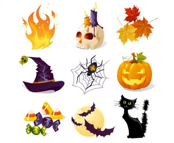 9 Autumn Halloween Vector Icons Set witch hat web vector unique ui elements stylish spiderweb skull quality original new jack o' lantern interface illustrator high quality hi-res HD halloween icons halloween graphic fresh free download free flames elements download detailed design creative candy black cat bats autumn leaves   