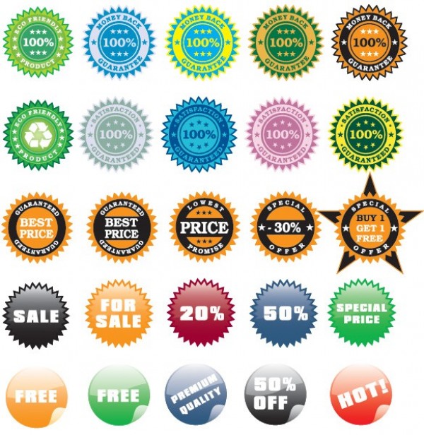 30 Colorful Round Sales Stickers Vector Set web vector unique ui elements stylish stickers special price satisfaction guaranteed sale round quality pack original new money back interface illustrator high quality hi-res HD graphic fresh free download free elements eco friendly download detailed design creative colorful   