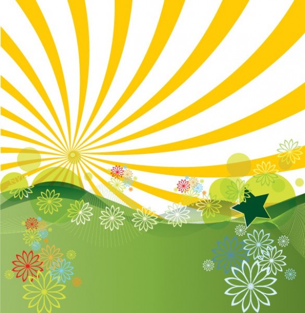 Abstract Floral Country Landscape Vector Background web vector unique sun rays stylish quality original landscape illustrator high quality green graphic fresh free download free flowers floral eps download design creative countryside country background abstract   