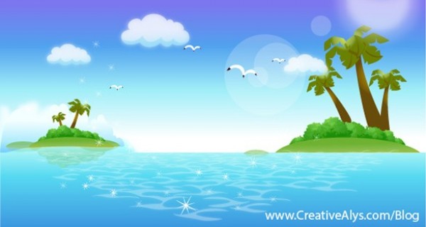 Beautiful Blue Ocean Tropical Islands Background web vector unique tropics tropical stylish seagulls quality palms palm trees original ocean scene ocean island illustrator high quality graphic fresh free download free download design creative clouds blue skies blue background ai   