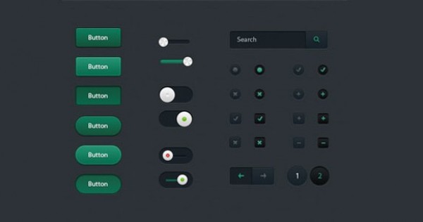Sleek Dark Web UI Elements Kit PSD web unique ui set ui kit ui elements ui toggles switches stylish sliders set search field radio buttons quality psd pagination original new modern kit interface hi-res HD green buttons green fresh free download free forward back buttons elements download detailed design dark ui kit dark creative clean check boxes buttons   