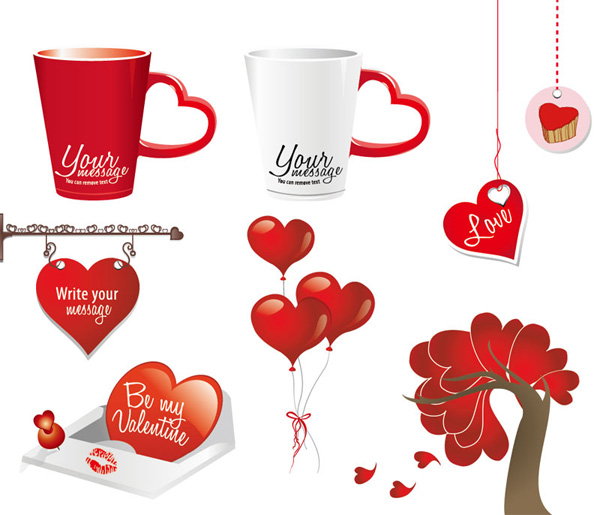 8 Red Valentine's Day Decorator Vector Elements vector valentines valentine's day tree tags set red message heart hanging sign free download free decorations cups cards card balloons   