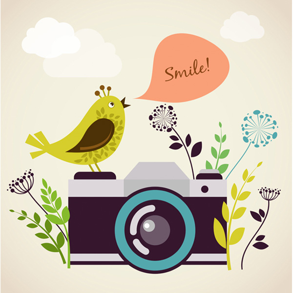 Retro Camera Floral Vector Card Design web vector unique ui elements stylish spring retro quality original new interface illustrator illustration high quality hi-res HD graphic fresh free download free floral card floral eps elements download detailed design creative cheerful card camera bird background   