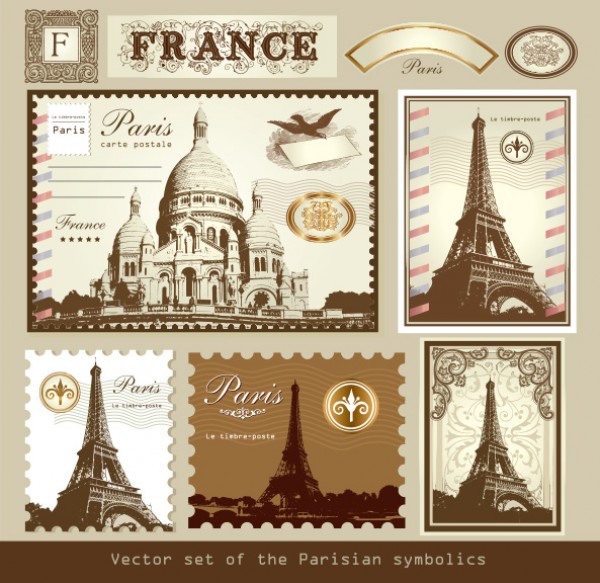 Vintage Paris France Stamp Elements Set vintage stamp paris mail free france frame eiffel tower banner   