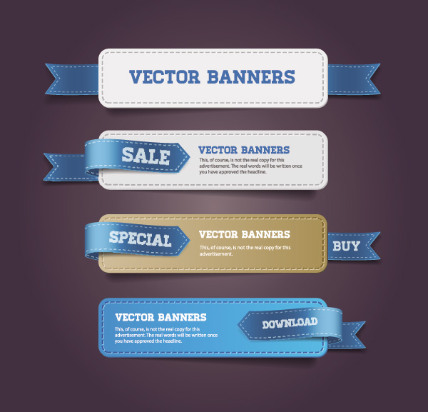 4 Elegant Ribbon Web Banners Vector Set vector stitched specialty sales ribbon labels free download free elegant banners   