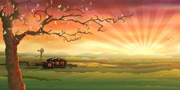 3 Glorious Countryside Sunrise Vector Backgrounds web vector unique tree sunset sunrise stylish ranch quality original illustrator high quality graphic fresh free download free farm download design creative countryside country scene background   