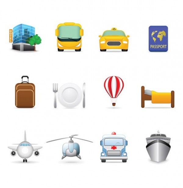12 Tourism Travel Theme Vector Icons Set vector unique travel tourism taxi stylish quality passport original luggage illustrator icon hotels high quality graphic free download free download cruise ship creative bus bed airplane air balloon   