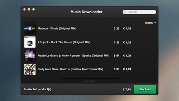 OS X Style Music Downloader Widget Interface PSD widget web unique ui elements ui stylish quality psd prices os x original new music downloader modern interface hi-res HD fresh free download free elements download detailed design dark creative clean chrome box art albums   