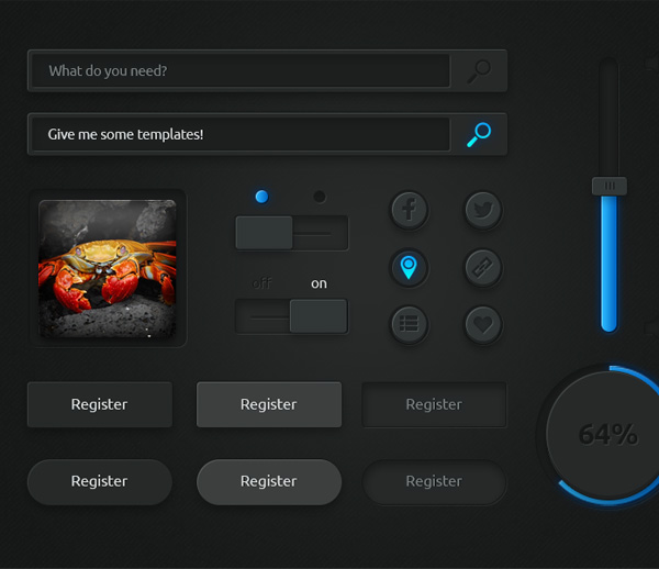 Well Defined Dark Web UI Kit PSD web unique ui set ui kit ui elements set ui elements ui toggles switches stylish states social buttons slider search field rounded round progress bar rectangle buttons quality psd original on/off switches new modern interface input field icons hi-res HD fresh free download free fav elements download detailed design dark ui kit dark creative clean buttons blue black   