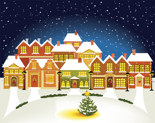 Starry Christmas House Background vector tree street lights stars house free download free city street christmas card christmas background   