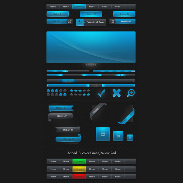 Glow Blue Dark Web UI Elements Kit PSD web unique ui set ui kit ui elements psd ui elements ui text boxes stylish star rating sliders set quality psd progress bar pack original new navigation nav bar nav modern menu kit interface hi-res HD glow fresh free download free elements download button download detailed design dark ui kit dark creative clean buttons blue ui kit blue   