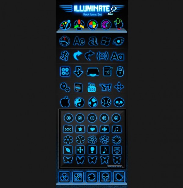 60 Illuminate 2 Dock Icons Pack PSD web unique ui elements ui stylish shapes set quality psd pack original new modern interface illuminated illuminate 2 icons hi-res HD glowing fresh free download free elements download dock detailed design dark creative clean blue   