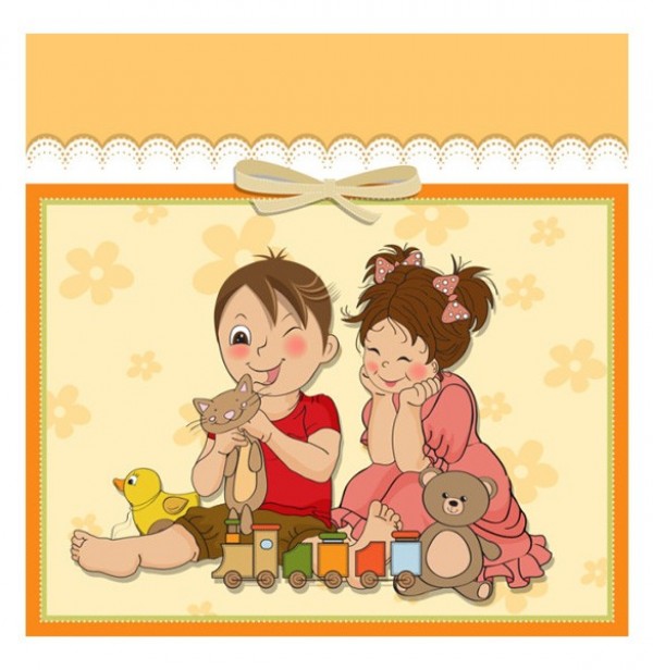 Happy Children with Toys Vector Card Illustration web vector unique ui elements toys toy train stylish quality playing kids illustration original new kids interface illustrator illustration high quality hi-res HD graphic girl fresh free download free elements download detailed design decorated creative children cartoon card boy   