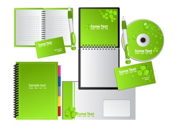 Green Clover Theme Office Stationary Set web vector unique ui elements template stylish stationary quality pens original office notebook new interface illustrator high quality hi-res HD green graphic fresh free download free flipover notebook envelope elements download detailed design creative clover CD label business card agenda   
