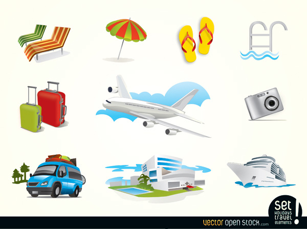 12 Vacation Holiday and Travel Elements vector vacation umbrella travel icons travel elements sandals jet plane icons free download free cruise ship chairs camera beach airport   