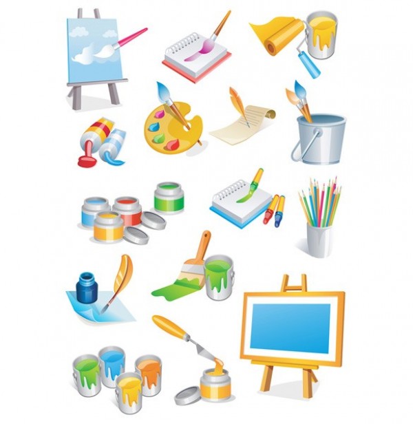 Painting & Drawing Tools Vector Icons Set web vector unique ui elements tubes tools stylish set quality pencils pallet painting painter paintbrush paint original notebook new interface illustrator high quality hi-res HD graphic fresh free download free felt pen elements easel drawing download detailed design creative colored bucket   