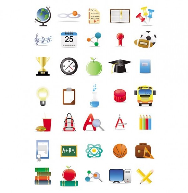 35 School Related Vector Icons Pack web vector unique ui elements trophy stylish sports science school icons school ribbons quality pencils original new music math interface illustrator icons high quality hi-res HD graphic globe fresh free download free elements download detailed design creative bus books basketball backpack   