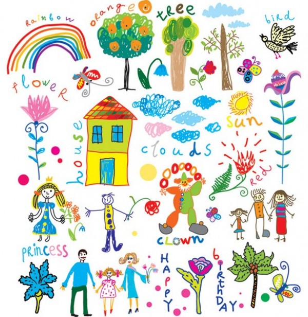Children's Colorful Drawings Vector Set web vector unique ui elements stylish sketches quality original new kids interface illustrator high quality hi-res HD graphic fresh free download free family eps elements drawings download detailed design creative colorful children childish child artwork art   