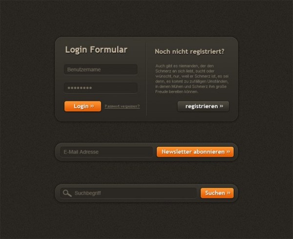 Deep Brown Login Search Registration Forms PSD web unique ui elements ui subscribe stylish simple signup search registration quality original orange new modern login form login interface hi-res HD fresh free download free forms form field elements download detailed design creative clean buttons brown box   