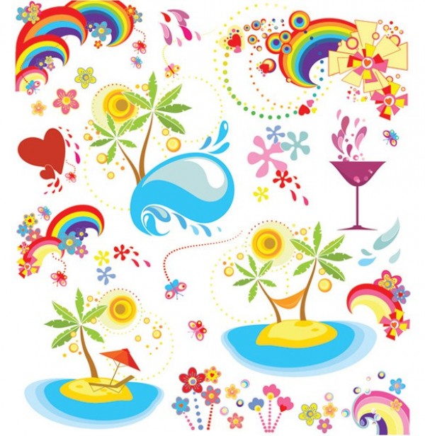 Sun Sea Summer Fun Vector Graphics web vector unique sun summertime summer stylish splash sea rainbow quality palm tree original illustrator high quality hearts graphic fresh free download free download design creative cocktail butterflies   