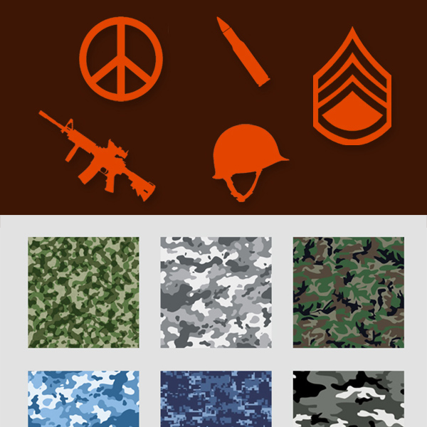 5 Military Theme Icons & Camo weapon peace symbol military helmet gun camouflage bullet background   