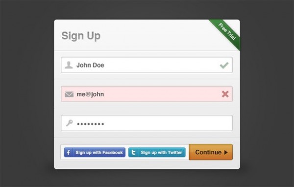 Clean Signup Modal Box PSD web unique ui elements ui twitter stylish simple signup quality original new modern modal form modal box interface hi-res HD fresh free download free form facebook elements download detailed design creative continue clean buttons   