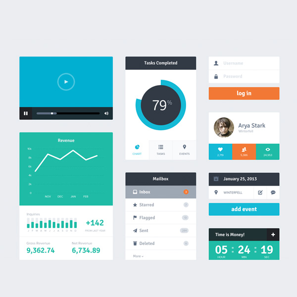 Colorful Flat Web UI Elements Kit PSD 5574 web video player unique ui set ui kit ui elements kit ui elements ui timer stylish quality profile original new modern menu psd mailbox menu mail login form interface infographics hi-res HD fresh free download free flat ui set flat ui kit flat UI colorful designs flat event widget elements download detailed design creative clean circular progress bar   