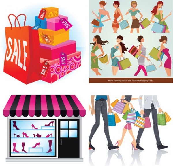 5 Shopping Themed Vector Illustrations Set women web vector unique ui elements stylish shopping illustration shopping shoe store quality original new interface illustrator high quality hi-res HD graphic girls fresh free download free fashion elements download detailed design creative   