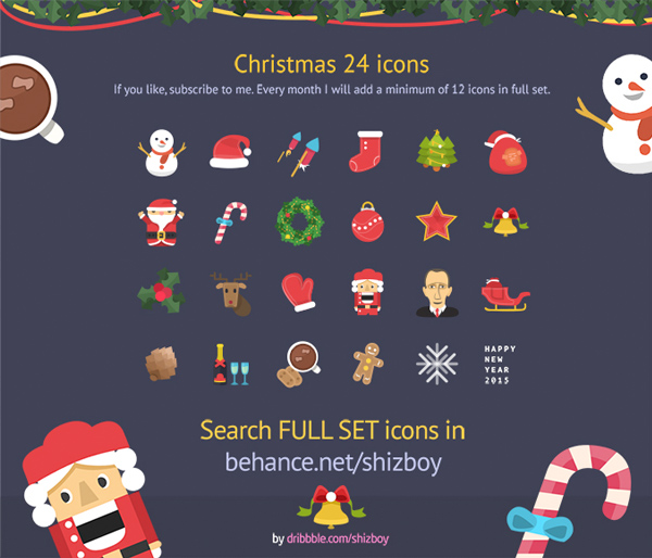 24 Flat Christmas Icons Set PSD 373 tree snowman snowflake set santa icons holly hat flat christmas icons christmas   