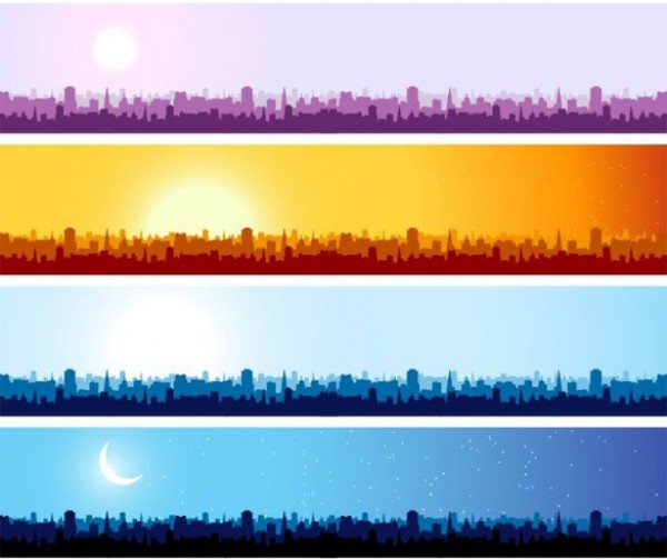 4 Silhouette Cityscape Vector Banners Set web vector unique ui elements sun stylish skyline silhouette quality original night new moon interface illustrator high quality hi-res header HD graphic fresh free download free elements download detailed design day creative cityscape city blue banner   