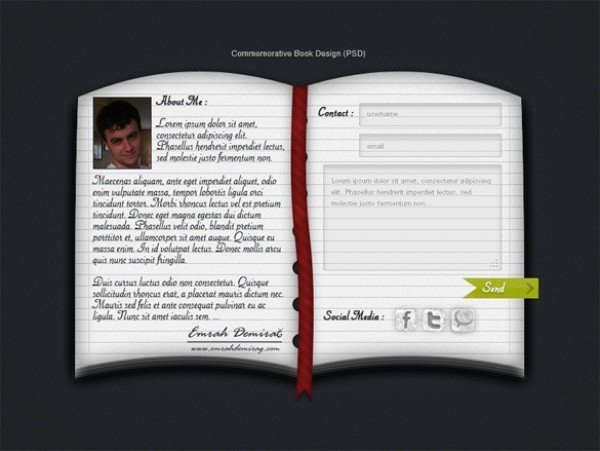 About Me/Contact Book Design Page PSD web unique ui elements ui stylish simple quality psd original new modern interface hi-res HD fresh free download free elements download detailed design creative contact page contact commemorative clean book about me about   