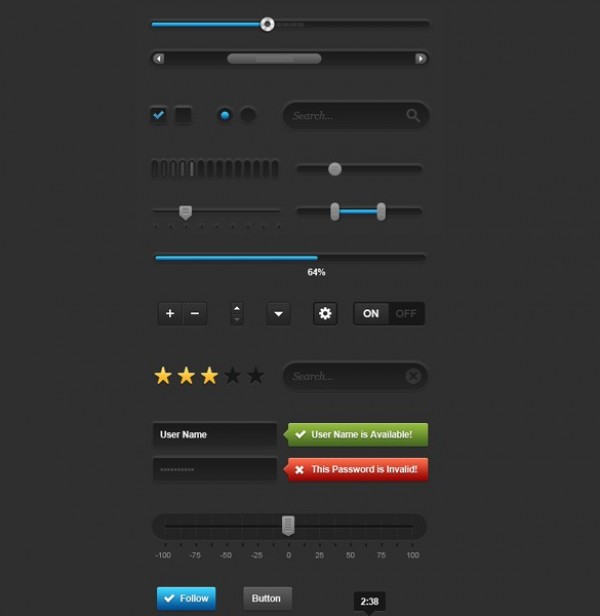 Awesome Dark Web UI Elements Kit PSD 12862 web ui web unique ui kit ui elements ui switches stylish star rating sliders set search fields quality progress bars pack original new modern kit interface hi-res HD fresh free download free elements download detailed design dark creative clean check boxes buttons avatars   
