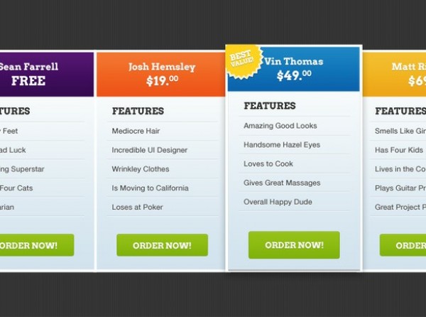 Colorful 4 Column Pricing Table PSD web unique ui elements ui stylish quality psd pricing table price chart original new modern interface hi-res HD fresh free download free four column elements download detailed design creative comparison charts colorful clean 4 column   