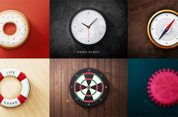 6 Realistic Round Web Icons Set ui elements ui set round realistic life preserver icons icon free download free dribbble donut dart board compass clock bottle cap   