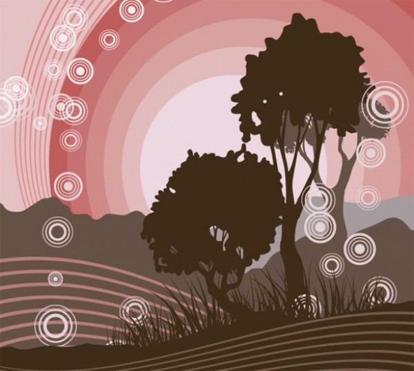 Simplistic Sunset Scene Silhouette Vector Background web vector unique trees sunset stylish simplistic silhouette quality pink original illustrator high quality graphic fresh free download free eps download design creative circular circles brown background art abstract   