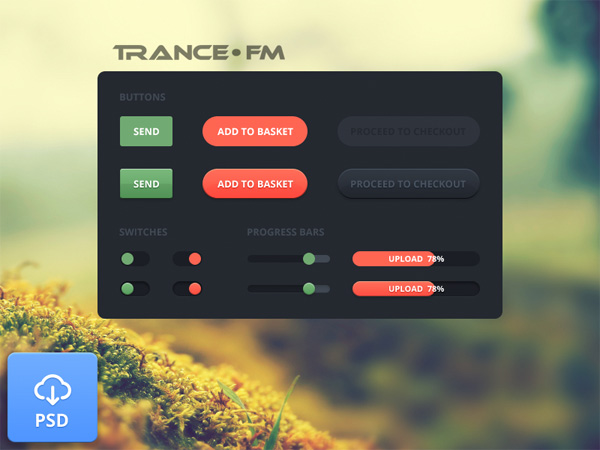 PSD UI Elements Kit Trance FM ui set ui kit ui elements trance fm trance switches psd ui psd progress bar kit interface free download free flat download buttons   