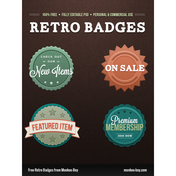 4 Incredible Retro Badges UI Set PSD web unique ui elements ui badge ui textured stylish set sale quality psd Premium membership original new items new modern interface hi-res HD fresh free download free featured item elements download detailed design creative colorful clean badges badge   