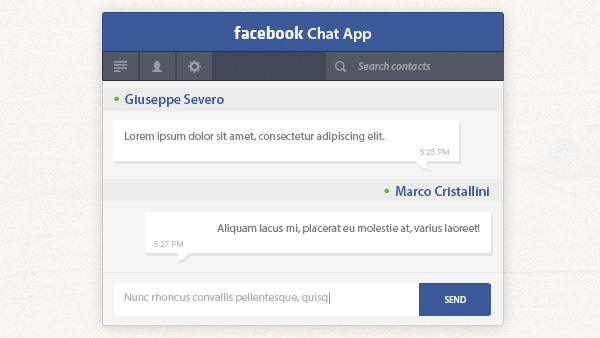 Facebook Chat App with Search ui elements settings search psd messages menu interface free download free facebook chat app facebook download chat app chat bubble application   