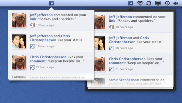 Facebook Notifications with Menu Bar PSD web unique ui elements ui stylish status updates quality profile pictures original new modern menu bar os x interface icon hi-res HD fresh free download free facebook notification facebook elements download detailed design creative clean avatar   