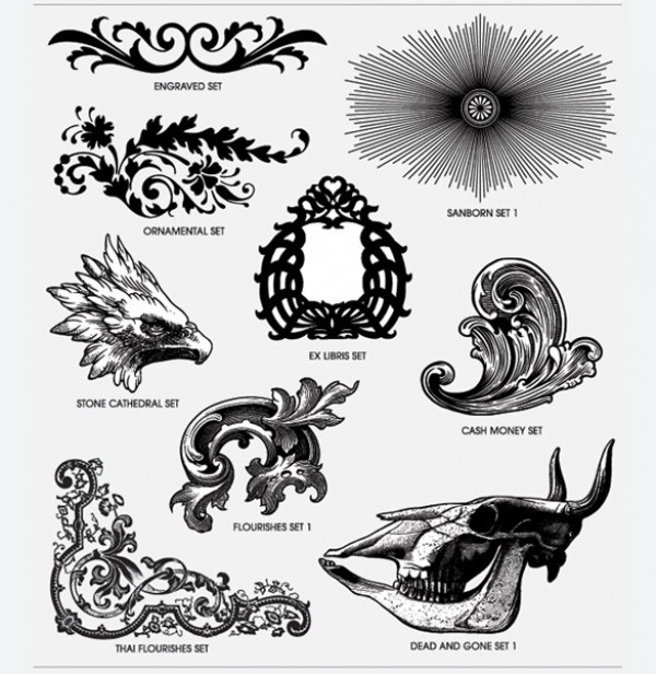 9 Vector Ornamental UI Elements Set web vector unique ui elements swirls stylish skull scroll quality ornaments original new interface illustrator high quality hi-res HD graphic fresh free download free floral elements eagle download detailed design decorative elements decorations creative animal skull   