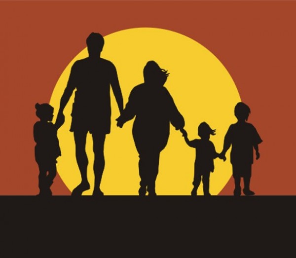 Mom Dad & Kids Family Sunset Silhouette web vector unique ui elements together sunset stylish quality original new mom and dad silhouette kids silhouette interface illustrator holding hands high quality hi-res HD graphic fresh free download free family silhouette family eps elements download detailed design creative cdr ai   